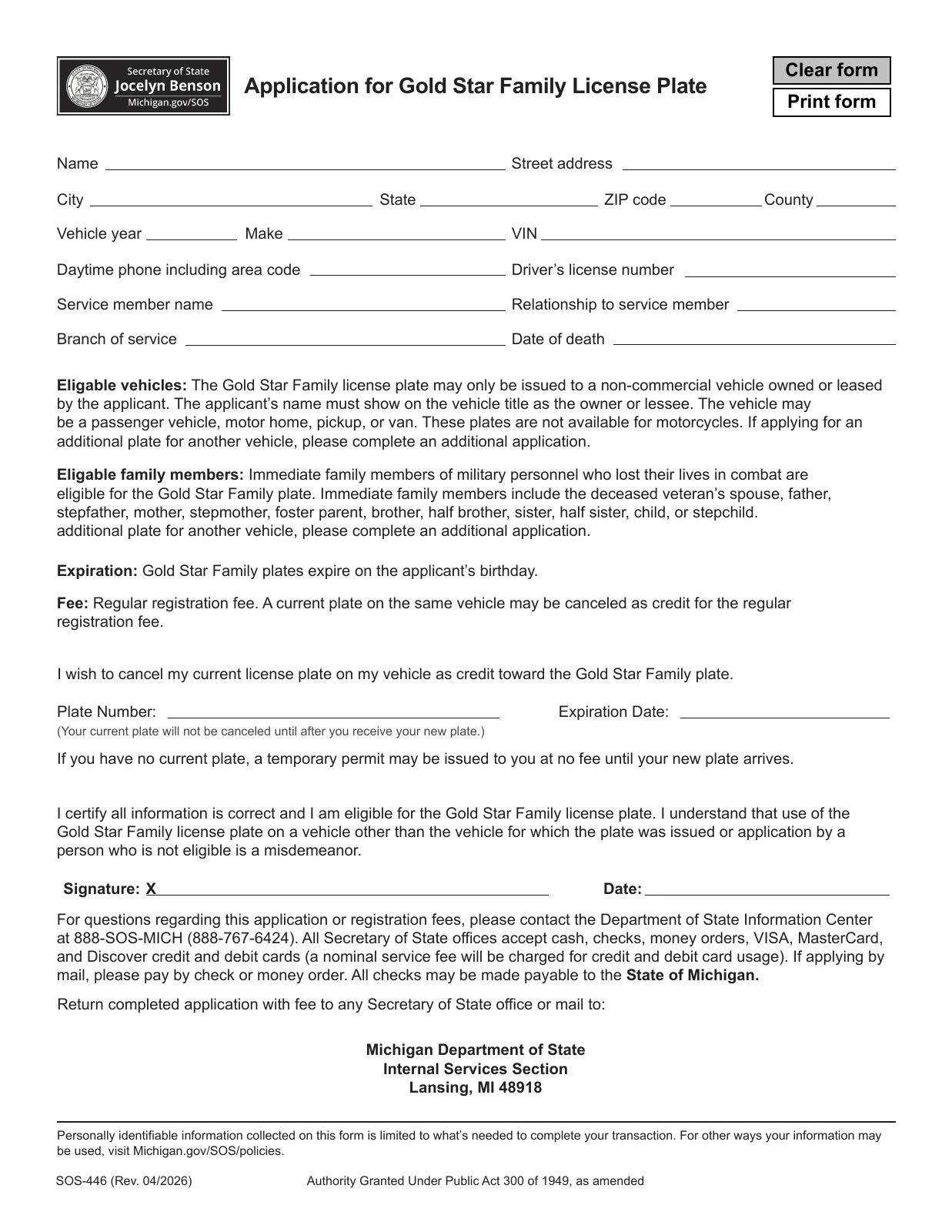 Blank historical Gold Star Family license plate application.